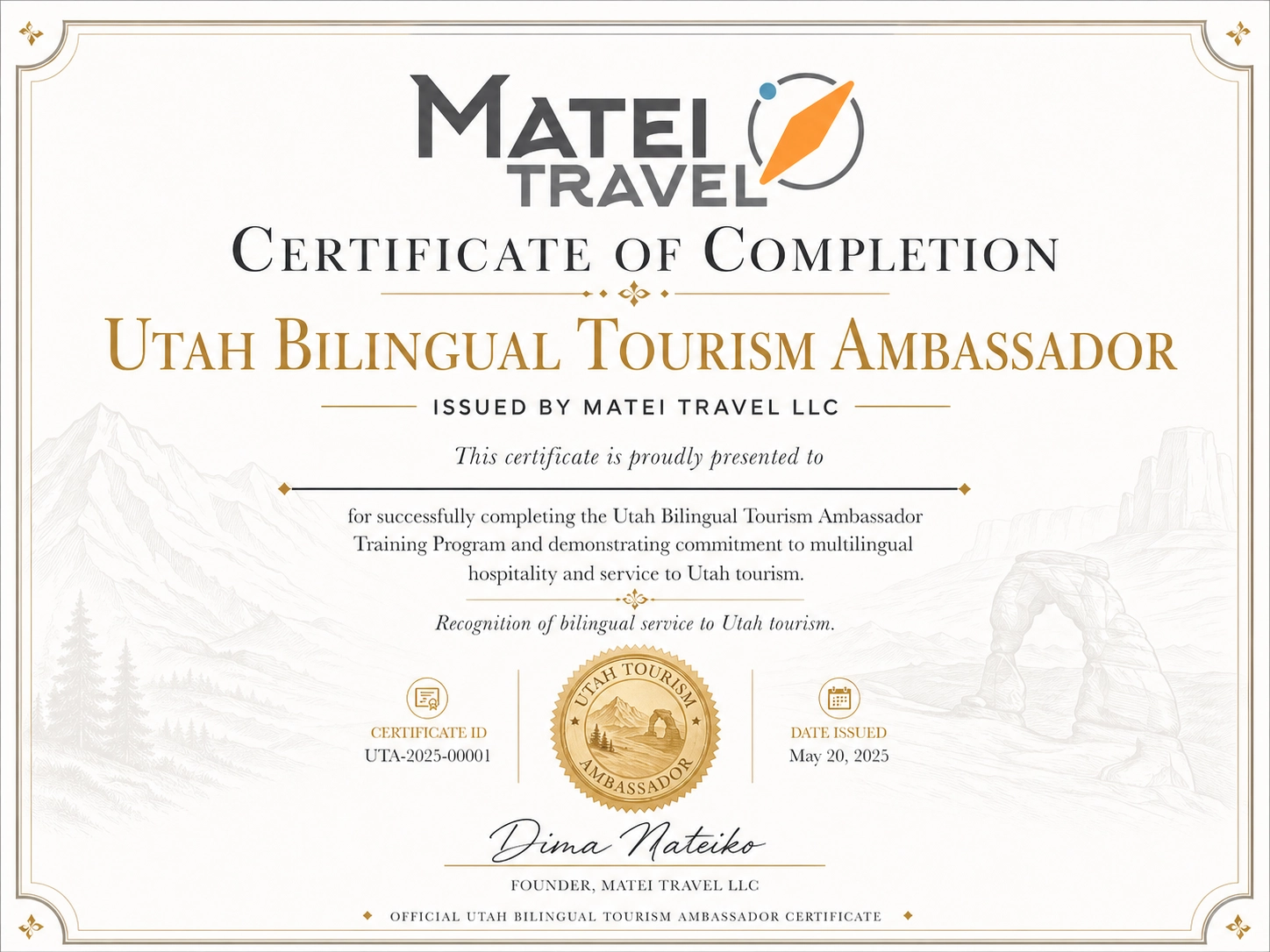 Utah Bilingual Tourism Ambassador certificate
