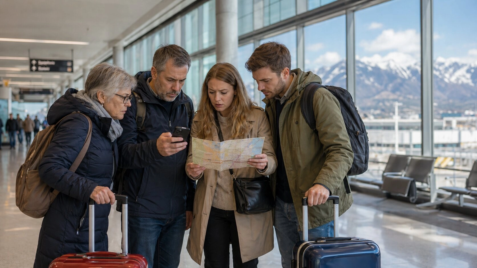 International visitors looking for directions at Salt Lake City International Airport