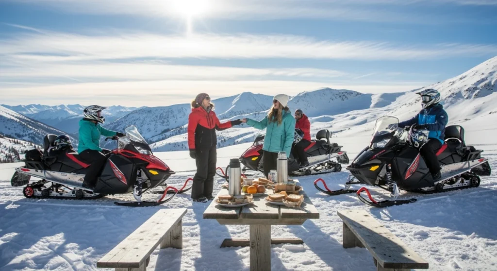 Snowbasin snowmobile tours with a backcountry lunch explained in detail for first-timers