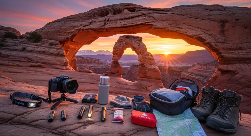 Complete packing list for a photography-focused night hike to Mesa Arch at sunrise